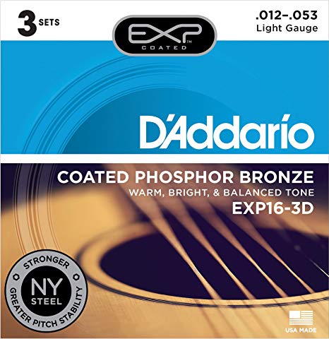 D'Addario EXP16-3D 3-Pack of Light Coated Phosphor Bronze, 12-53 Gauge Guitar Strings
