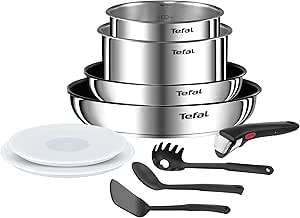 Tefal Ingenio Kochgeschirr-Set, 10-teilig, Pfannen, Töpfe, luftdichte Deckel, abnehmbarer Griff, Induktion, Edelstahl, stapelbar, Antihaftbeschichtung, spülmaschinenfest, Emotion L8971S04