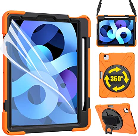 ZenRich iPad Air 4 10.9 2020 Case, zenrich iPad 10.9 inch Case with Screen Protector Stand Hand Strap Shoulder Belt Heavy Duty Shockproof Case for iPad 10.9 inch/iPad Pro 11 inch 2020/2018,Orange