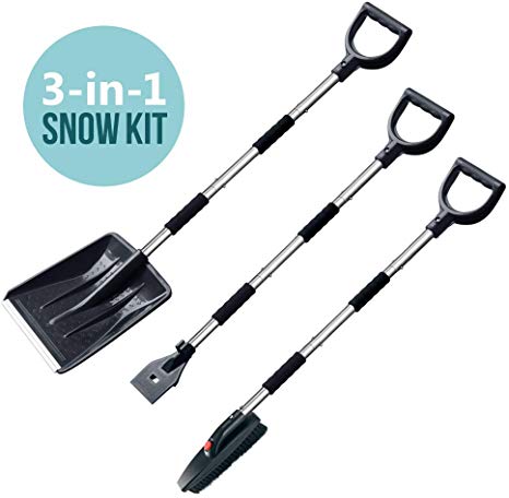 multifun Snow Brush Kit, 3-in-1 Snow Shovel with Ice Scraper and Snow Brush, 3 Piece Collapsible Design Portable Emergency Snow Shovel Set for Car Truck Camping and Other Outdoor Activities