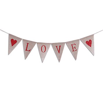 Tinksky LOVE Letters and Hearts Valentine's Day Bunting Banners Rustic Jute Burlap Pennant Flags Vintage Wedding Garland