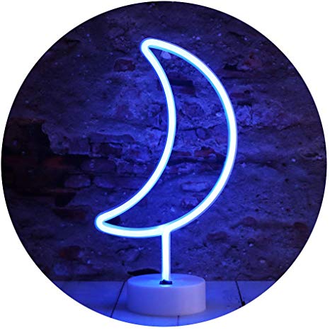 Neon Moon Lights, LED Moon Decor Neon Signs Art Decorations Crescent Night Lights Lamp for Party Supplies, Children Kids Girls Gift-Moon with Holder Base(Blue)