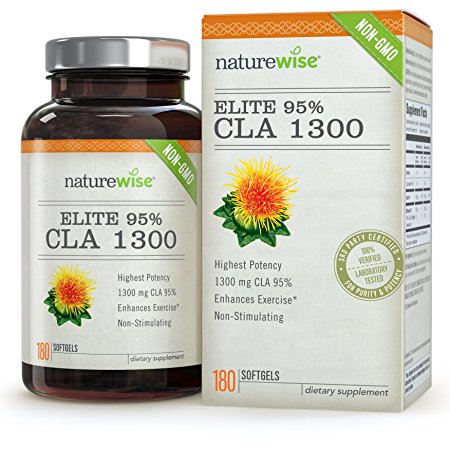 NatureWise Elite CLA 1300mg 95% Maximum Potency, Exercise Enhancing Supplement to Increase Muscle Mass, Reduce Fat, Increase BMI, Non-GMO, Gluten Free, 180 Count