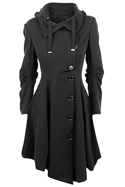 ETCYY Women's Black Button Asymmetrical Winter Long Trench Jackets Coat