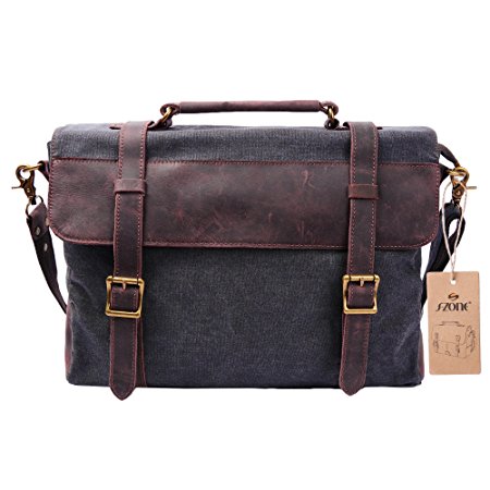 S ZONE Vintage Canvas Leather Messenger traveling Briefcase shoulder laptop Bag