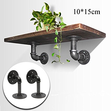 KINGSO 2Pcs 15x10cm Industrial Black Iron Pipe Shelf Bracket Wall Mounted Floating Shelf Hanging Wall Hardware Steampunk Decor for Custom Shelf Plumbing Pipe Shelf Restoration Hardware Shelf