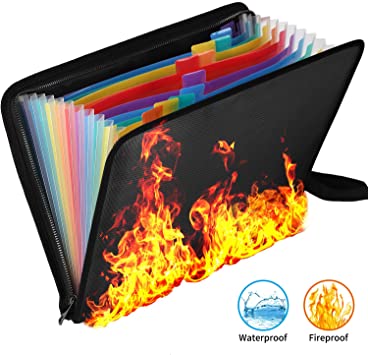 Koolertron Fireproof Expanding File Folder Waterproof Important Document Organizer A4 Size,12 Multicolored Pockets,Color Label Zipper Closure,Non-Itchy Silicone Coated Portable Filing Pouch 14.3"x9.8"