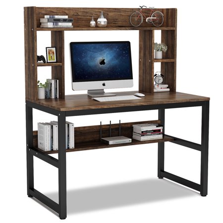 Tribesigns Computer Desk with Hutch, Modern Writing Desk with Storage Shelves, Office Desk Study Table Gaming Desk Workstation for Home Office, Vintage + Black Legs