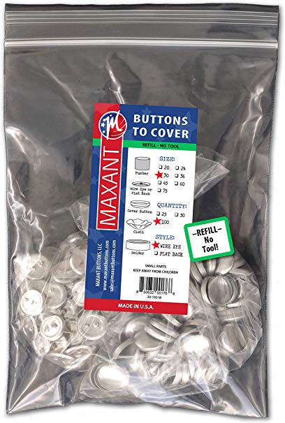 100 Buttons to Cover - Made in USA - Cover Buttons With Wire Eye Backs Size 36 (7/8")