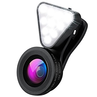 Amir 2 in 1 Cell Phone Lens with Beauty LED Flash Light, 15X Macro Lens & 0.4X - 0.6X Wide Angle Lens, 3 Adjustable Brightness Fill Light, for iPhone 7, 6s, 6, 5s & Most Smartphones