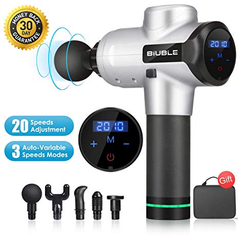 BIUBLE Massage Gun, Hand Held Deep Tissue Percussion Muscle Massager, 20 Speeds Adjustment & 3 Auto Gear Shifting with 5 Massage Head and LCD Display
