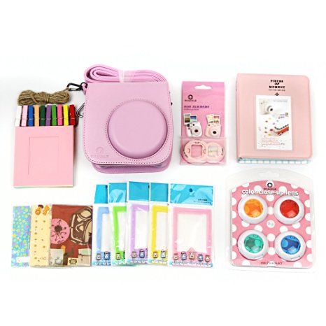 7 in 1 Fujifilm Instax Mini 8 Accessories Bundles (Instax Mini 8 Case/ Mini Album/ Close-up Selfie Lens/colors Close-up Lens/ Wall Hang Frames/film Frame/ Film Stickers) by Shackle - Pink
