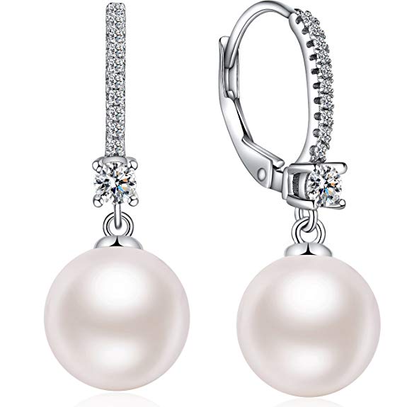 ZowBinBin 925 Sterling Silver Pearl Earrings,Beautiful Fashion White Pearl Earrings,Dangle Drop Pearl Earrings 10mm,Sterling Silver Hypoallergenic Shell Pearl Earrings Great Gift For Women,Girls