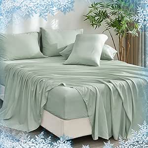 PHF 6PCS Cooling Sheets Set Queen Size, 100% Rayon Derived from Bamboo for Hot Sleepers Summer, Wider Elastic Band&16 Inch Deep Pockets, Luxury Silky Soft Breathable Bedding Set&Pillowcases,Sage Green