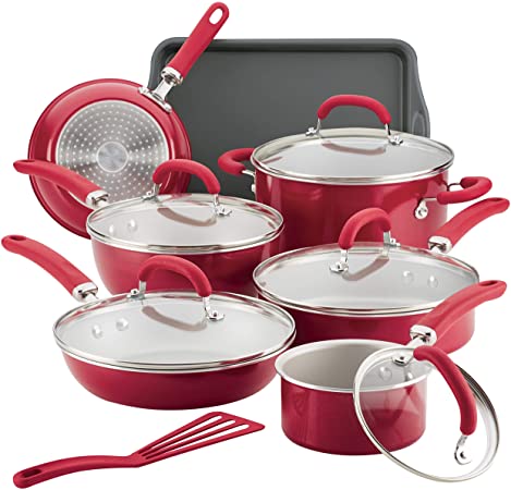 Rachael Ray 12147 Create Delicious Nonstick Cookware Pots and Pans Set, 13 Piece, Red Shimmer