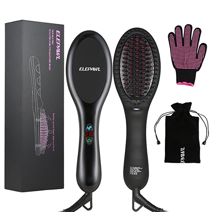 Hair Straightening Brush Elepawl Negative ions 3-in-1 MCH Heating Floating Straightener Brush Anti-Scald Ceramic Hair Comb with Flexible Floating Massage Head with Heat Resistant Glove and 5 kinds Temperature Lock Function