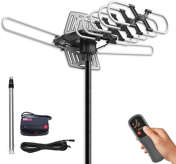 Able Signal HDTV Antenna 1080P Outdoor Amplified Rotating Remote Control UHF VHF 150 Miles with Telescoping Pole