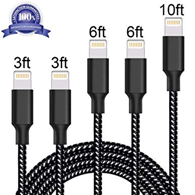 iPhone Charger, Vanzon Lightning Cable 5Pack 2x3FT 2x6FT 10FT to USB Syncing Data and Nylon Braided Cord Charger for iPhone Xs Max, XR, X, 8, 7, Plus, 6, 6S, 6 Plus, 5, 5C, 5S, SE - Black