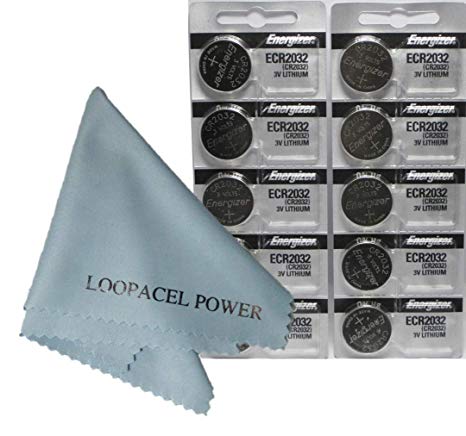 Energizer CR2032 DL2032 ECR2032 3v Lithium Coin Cell Batteries 10 Pack - with Loopacell Brand Microfiber Cleaning Cloths Ultra Smooth