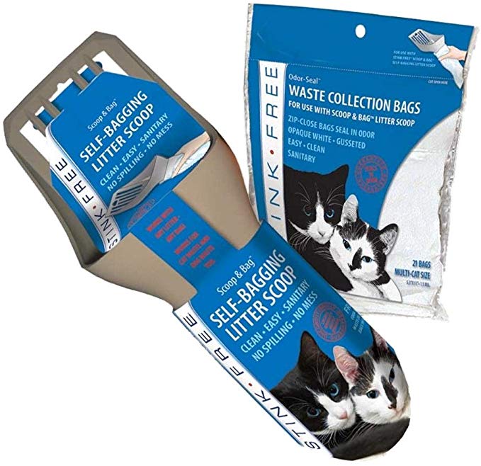 Stink Free Cat Scoop & Bag - Self-Bagging & Poop Scooping Kitty Litter Scoop (with 21 Free Samples of Odor Seal Cat Waste Litter Bags for Poop & Urine) Cleaning Supplies for Your Litter