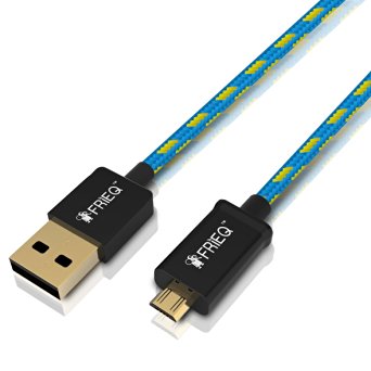FRiEQ® Hi-Speed Extra Long (6 Ft/1.8m) Nylon Braided Tangle-Free USB 2.0 Micro USB Charging/Sync Cable For Samsung Galaxy S4, S3, Note 2, HTC, Motorola, LG, PS4, Xbox one (Light Blue/Yellow)