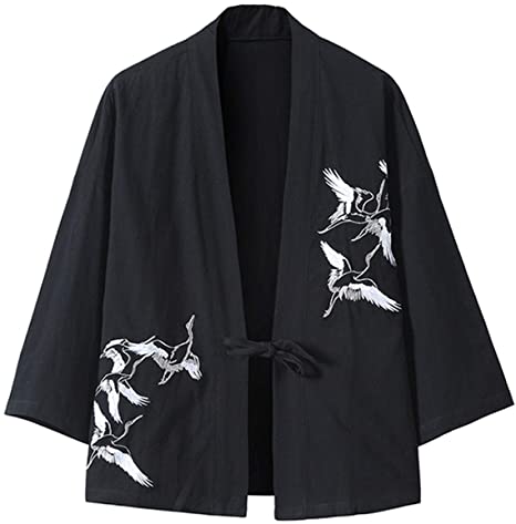 PRIJOUHE Men's Japanese Fashion Kimono Cardigan Plus Size Jacket Yukata Casual Cotton Linen Seven Sleeve Lightweight