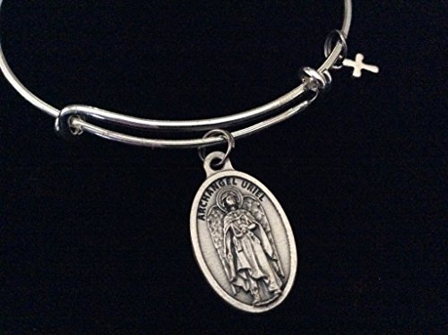 Archangel Uriel Expandable Charm Bracelet Silver Adjustable Wire Bangle Catholic Medal