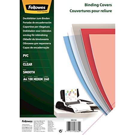 Fellowes A4 Binding Covers, PVC 240 Micron, Clear, Pack of 100