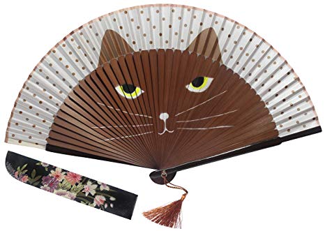 Goege Bailey Women Cartoon Cat Folding Silk Fan Jepanese Girls' Handheld Fan (Coffee1)