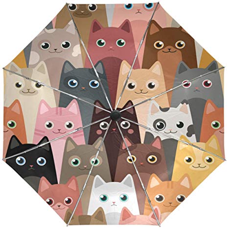 Wamika Cute Kitty Cats Umbrella Automatic Open Close Windproof Compact Anti-UV Travel Umbrella Animals Lightweight Parasol Umbrellas Sun & Rain