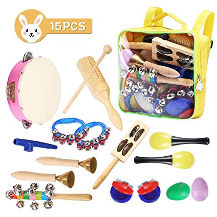 Child Percussion Instrument Set NASUM Musical Instruments Rhythm Toys Set for Kids,Colorful Design,Educational Toys,Healthy Gift,for Kindergarten Teaching,Family Learning,Playing, 15PCS ,with a Bag
