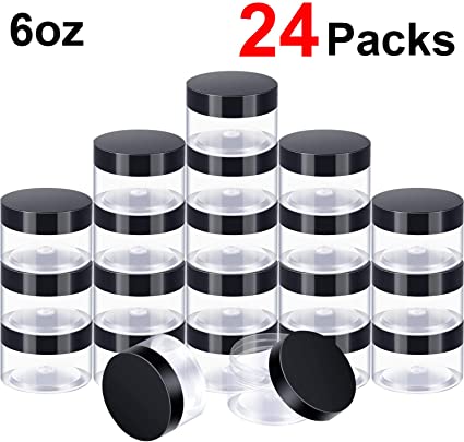 24 Pieces Clear Plastic Round Storage Jars Wide-Mouth Plastic Containers Jars with Lids for Storage Liquid and Solid Products (Black Lid, 6 oz)