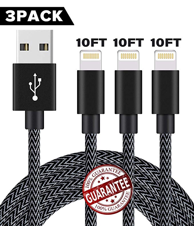 iPhone Charger,Zcen MFi Certified Lightning Cable 3 Pack 10FT Extra Long Nylon Braided USB Charging & Syncing Cord Compatible iPhone Xs/Max/XR/X/8/8Plus/7/7Plus/6S/6S Plus/SE/iPad/Nan -Black Grey
