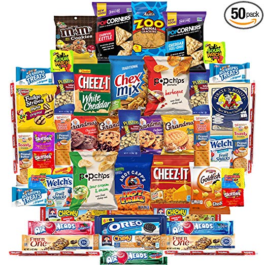 Munchies Care Package Chips Cookies & Candy Includes Goldfish, Oreos, Skittles, Sour Patch, m&m Cookie, Air Heads, Planters Peanuts, Rice Krispies & More (50 Count)