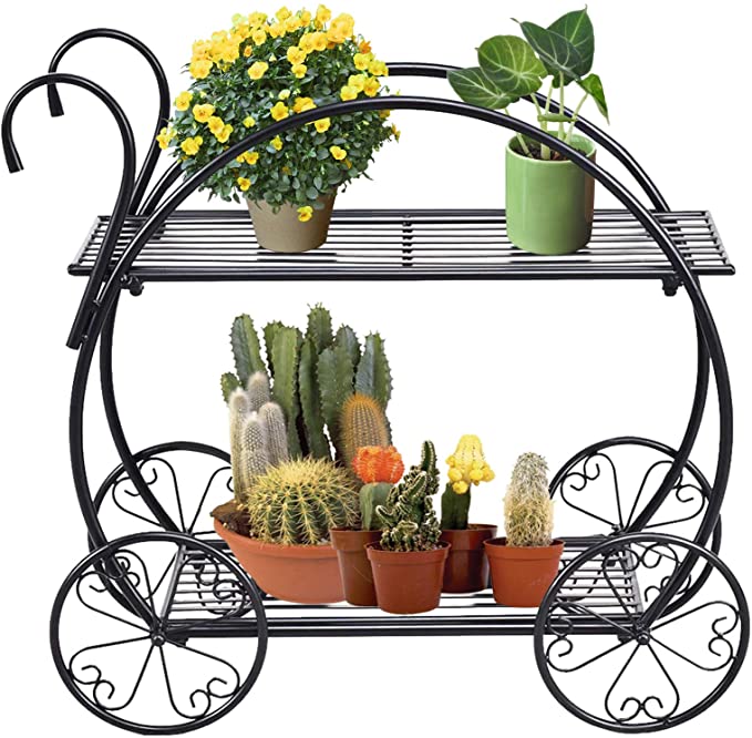 aboxoo Two-Tiered Garden Cart Metal Plant Stand, Succulent Flower Pot Holder Display Shelf for Indoor Outdoor Home Patio Garden Flower Shop, Parisian Style Plant Potted Rack(Black)