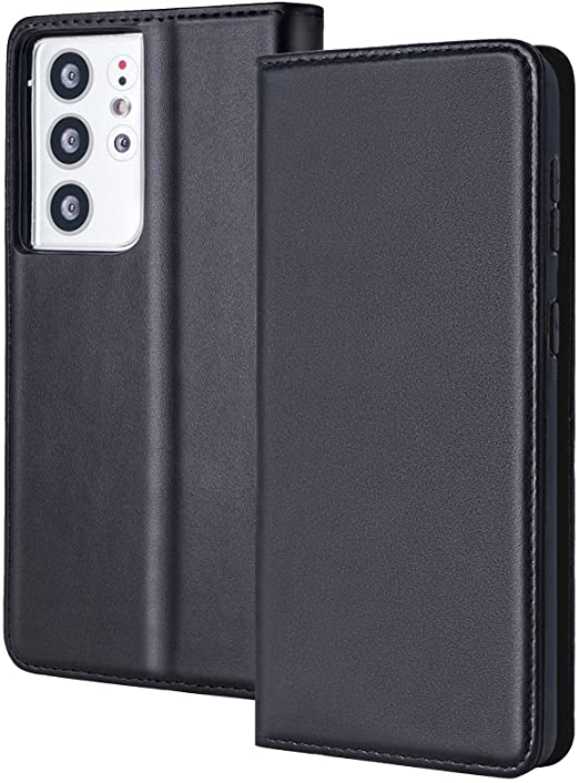 NOUSKE Designed for Samsung Galaxy S21 Ultra Case,Leather Flip Stand Wallet Case for Women/Men,[RFID Protective] TPU Bumper Cover Compatible with Samsung Galaxy S21 Ultra 5G(6.8"),Elegant Black