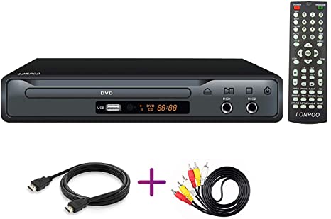 LONPOO DVD Player for TV, All Region Free DVD CD Discs Player with HDMI & AV Output (HDMI & AV Cable Included), HD1080P, Built-in PAL/NTSC, Supports MIC/USB, Remote Control