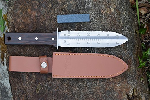 Japanese Gardening Knife with Stainless Steel 7" Concave Serrated Blade with depth measurement guide Smooth Wenge Wood full tang handle Includes Whetstone and Specially Designed Leather Sheath