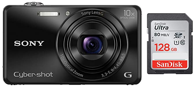 Sony Cybershot DSC-WX220/B 18.2MP Digital Camera (Black)   SanDisk 128GB Ultra SDXC UHS-I Memory Card - 100MB/s, C10, U1, Full HD, SD Card