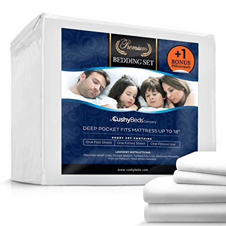 Premium Bed Sheet Set by CushyBeds - Brushed Microfiber 1800 Bedding - Hypoallergenic, Wrinkle, Fade, Stain Resistant - 4 Pieces Includes 1 BONUS Pillow Case (Twin, White)