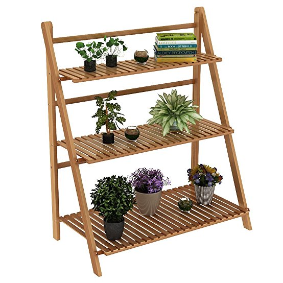 Ufine Bamboo Wood Ladder Plant Stand 3-Tier Foldable Flower Display Shelf Rack for Home Patio Lawn Garden Balcony (Multi-Functional,27.6 x 15.0 x 35.4 inch,3 Tools Sent)
