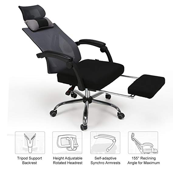 Hbada High Back Ergonomic Recliner Mesh Office Chair with Adjustable Headrest Pullout Footrest, Black