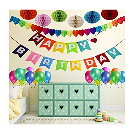 Birthday Decor,Birthday Party Decoration,1 Birthday Banner  6 Pack Honeycomb Balls   Colorful Heart-shape Garland   10 Balloons for Indoor/Outdoor