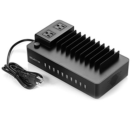 [Upgraded]ISELECTOR 10-Port 105W/21A USB Charging Station Desktop Charging Stand Multiple USB Charging Dock with 2-Outlet Power Strip