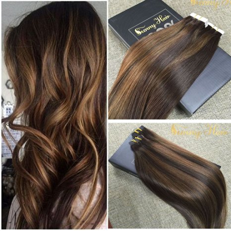 Sunny 18inch 20pcs 50g Two Tone Dark Brown Mixed Honey Blonde Colorful Highlight Seamless Tape in Human Hair Extensions