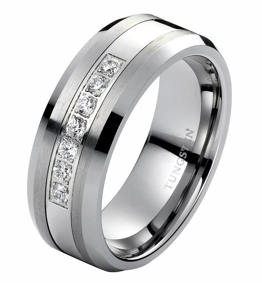 King Will 8mm White Tungsten Ring Unisex Wedding Band Polished Beveled Edge CZ Stone Channel Set