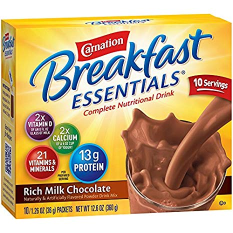 Carnation Breakfast Essentials Powder Drink Mix, Rich Milk Chocolate, 10 Count Box of 1.26 oz Packets