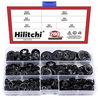 Hilitchi [7-Size] Internal Tooth Starlock Washers Quick Speed Locking Washers Push On Speed Clips Fasteners Assortment Kit, Black Oxide Finish - 280 Piece