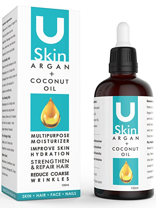 PREMIUM 2 In 1 Argan Oil & Coconut Oil For Face, Hair, Skin & Body - 100% Cold Pressed Moroccan Argan Oil - Reduces Wrinkles, Improves Skin Hydration & Increases Skin Elasticity! - Great for Dry Scalp, Split Ends, Dry & Damaged Hair - High Quality Ingredients - 100% Satisfaction
