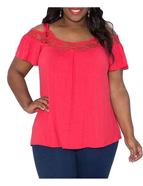 Durcoo Womens Shirts Plus Size Off Shoulder Lace Tops Blouse Short Sleeve Tees